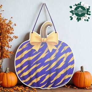 Purple Gold Tiger Stripes Pumpkin Louisiana Wall Art Decor Fall Door Hanger Sign